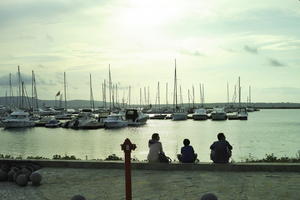 back, boat, Bulgaria, Burgas, cloudy, day, dusk, eye level view, family, marina, sitting, Sozopol