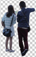 asian, back, casual, couple, cutout, cutout couples, cutout people, day, diffuse, diffused light, eye level view, spring, standing