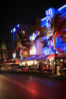 artificial lighting, cafe, car, eye level view, Florida, hotel, Miami, night, sign, street, The United States, winter