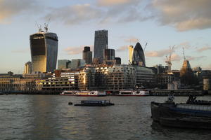 barge, city, city, cityscape, day, England, eye level view, London, natural light, river, sunny, sunset, The United Kingdom, Walkie Talkie, waterfront, winter