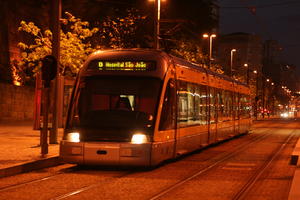 artificial lighting, evening, eye level view, night, Porto, Porto, Portugal, spring, street, tram, tramlines