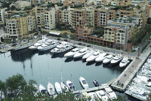 afternoon, boat, building, cityscape, cloudy, day, elevated, facade, harbour, looking down, Monaco, Monte Carlo, Monte-Carlo, overcast, seascape, sun glare, top-down perspective, winter, yacht