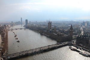 aerial view, Big Ben, bridge, city, day, England, London, Palace of Westminster, river, spring, sunny, The United Kingdom, urban