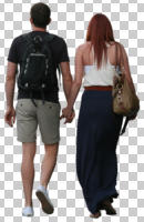 ambient light, back, casual, caucasian, couple, cutout, cutout couples, cutout people, day, eye level view, summer, walking