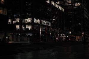 artificial lighting, building, city, cityscape, England, eye level view, London, night, office, street, The United Kingdom