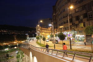 artificial lighting, balustrade, Bilbao, cityscape, eye level view, night, Pais Vasco, Spain, street