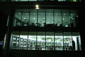 artificial lighting, below, building, England, facade, London, night, office, The United Kingdom