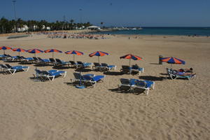 beach, Canarias, day, eye level view, Las Palmas, Spain, summer, sunbed, sunny, umbrella