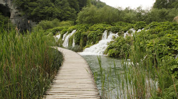 bridge, Croatia, day, decking, diffuse, diffused light, eye level view, Karlovacka, lake, natural light, plant, reed, shrub, summer, waterfall