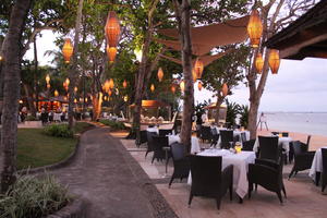 Bali, chair, day, dusk, eye level view, furniture, hotel, Indonesia, lantern, resort, restaurant, summer, table