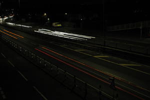 artificial lighting, car lights, city lights, elevated, England, evening, London, night, outdoor lighting, road, The United Kingdom, urban, winter