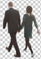 back, couple, cutout, cutout couples, cutout people, day, eye level view, smart, sunny, walking