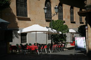 cafe, Castilla y Leon, chair, day, eye level view, furniture, plaza, Salamanca, Spain, summer, sunlight, sunny, sunshine, table