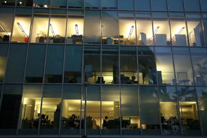 artificial lighting, autumn, England, evening, eye level view, facade, London, office, office building, The United Kingdom