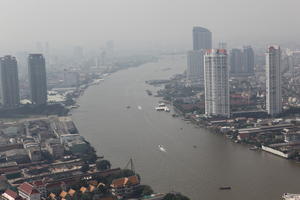 aerial view, autumn, Bangkok, boat, cityscape, day, direct sunlight, elevated, Krung Thep Mahanakhon, natural light, open space, outdoors, river, sunny, Thailand