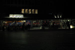 artificial lighting, cafe, Copenhagen , Denmark, eye level view, Kobenhavn, night, outdoor lighting, street