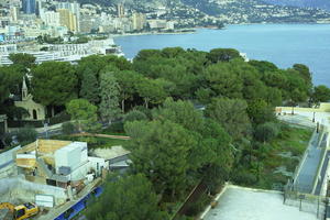 afternoon, cloudy, day, elevated, harbour, looking down, Monaco, Monte Carlo, Monte-Carlo, overcast, park, seascape, top-down perspective, tree, tree canopy, treeline, winter