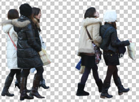 asian, casual, cutout, cutout groups, cutout people, day, diffuse, diffused light, eye level view, group, natural light, people, walking, winter