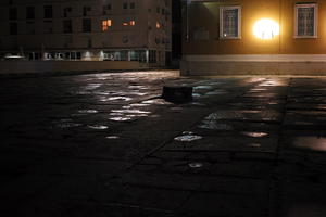 artificial lighting, building, city, Croatia, eye level view, night, pavement, pavement, paving, plaza, spring, wet, Zadar, Zadarska