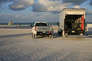 beach, dusk, eye level view, Florida, Miami, seascape, The United States, transport, truck, van, winter