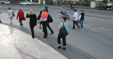 autumn, casual, day, diffuse, diffused light, elevated, group, Malta, natural light, people, street, walking