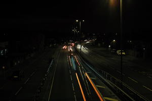 artificial lighting, car lights, city lights, elevated, England, evening, London, night, outdoor lighting, road, The United Kingdom, urban, winter