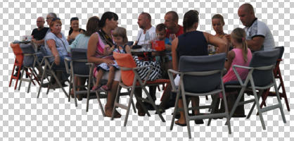 casual, cutout, cutout groups, cutout people, day, diffuse, diffused light, eye level view, group, people, sitting, summer