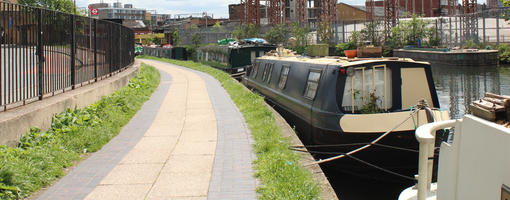 boat, canal, day, England, eye level view, London, path, pavement, spring, sunny, The United Kingdom