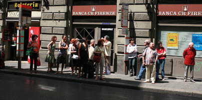 bus stop, day, eye level view, Florence, group, Italia , man, object, people, sign, standing, street, summer, Toscana, woman