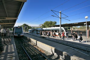 Calpe, casual, crowd, day, eye level view, people, platform, railway, Spain, station, sunny, train, Valenciana, walking