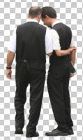 back, caucasian, couple, cutout, cutout couples, cutout people, day, eye level view, male, man, natural light, standing, summer, uniform, waiter