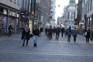 Copenhagen , crowd, Denmark, dusk, eye level view, Kobenhavn, people, spring, street, walking, winter, woman