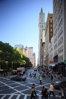 building, car, crowd, day, elevated, man, Manhattan, New York, people, policeman, street, summer, sunny, The United States, tree, vegetation, walking