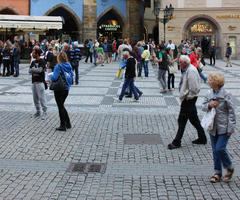 casual, day, diffuse, diffused light, elderly, eye level view, group, Hlavni Mesto Praha, natural light, people, Prague, square, standing, street, summer, The Czech Republic, walking