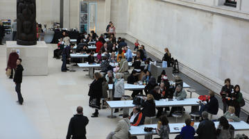 British Museum, cafe, crowd, day, elevated, England, indoor lighting, interior, London, museum, natural light, people, sitting, The United Kingdom, winter