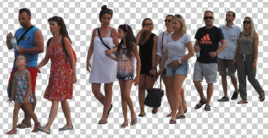 casual, cutout, cutout groups, cutout people, day, diffuse, diffused light, eye level view, front, group, summer, walking