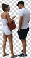 back, casual, caucasian, couple, cutout, cutout couples, cutout people, day, eye level view, natural light, side, standing, summer