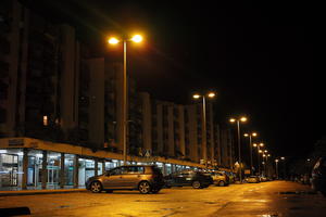 artificial lighting, building, building, car, car park, city, Croatia, eye level view, night, residential, spring, street, street light, urban, wet, Zadar, Zadarska