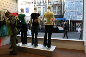 artificial lighting, day, England, eye level view, interior, man, mannequin, object, Oxford, people, retail, shop, shopping, The United Kingdom, winter