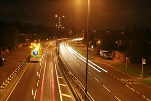 artificial lighting, car, effect, elevated, England, evening, London, road, sign, The United Kingdom