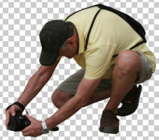 casual, cutout, cutout men, cutout people, day, diffuse, diffused light, eye level view, kneeling, male, man, photographer, summer