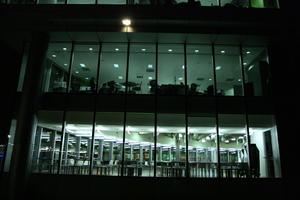 artificial lighting, below, building, England, facade, London, night, office, The United Kingdom