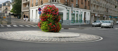 Amiens, apartment, building, car, crossing, day, eye level view, flower, France, overcast, Picardie, plant, road, roundabout