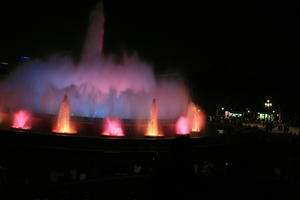 artificial lighting, Barcelona, Cataluña, eye level view, fountain, night, outdoor lighting, Spain