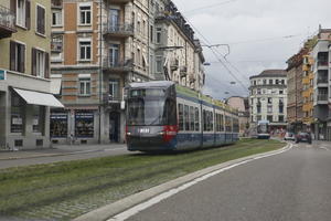 autumn, day, diffuse, diffused light, eye level view, natural light, overcast, street, Switzerland, tram, tramlines, urban