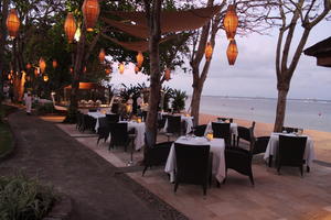 Bali, chair, day, dusk, eye level view, furniture, hotel, Indonesia, lantern, resort, restaurant, summer, table