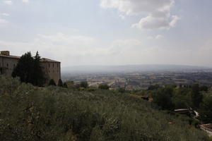 Assisi, cloud, Cumulonimbus, day, elevated, eye level view, garden, hill, Italia , olive, sky, summer, sunlight, sunny, sunshine, tree, Umbria, valley, vegetation, village