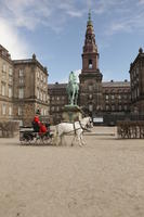 bell-tower, building, carriage, Copenhagen , day, Denmark, eye level view, horse, Kobenhavn, square, sunny, winter