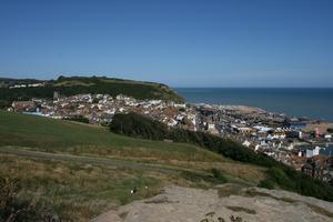 bright, day, elevated, England, grass, harbour, Hastings, summer, The United Kingdom, village