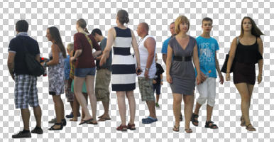 casual, cutout, cutout groups, cutout people, day, diffuse, diffused light, eye level view, group, people, standing, summer, walking